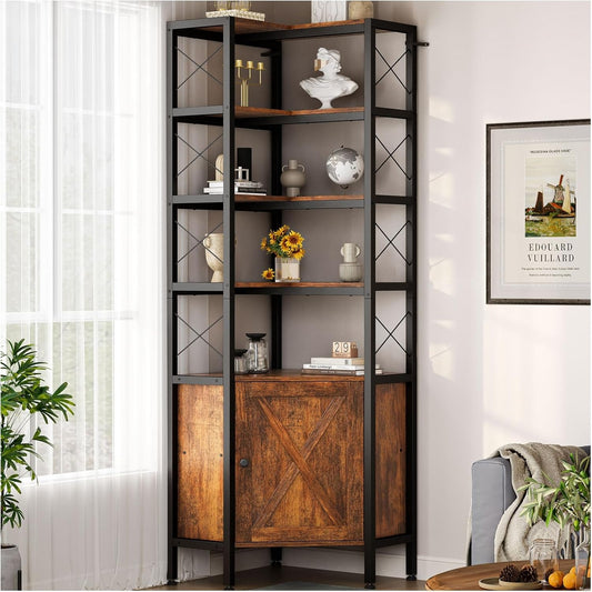 Librero Esquinero de 5 Niveles con Puerta | Mueble Organizador de Almacenaje 200cm | Estilo Minimalista para Hogar u Oficina