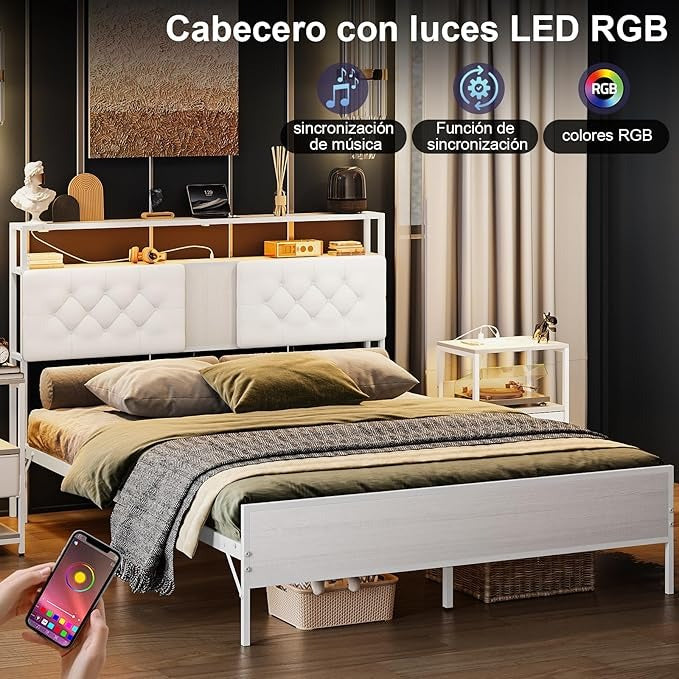 Base de Cama Matrimonial 1.4m con Cabecero Tapizado, Luces LED, 2 Salidas AC y 2 Puertos USB – Almacenamiento Incluido