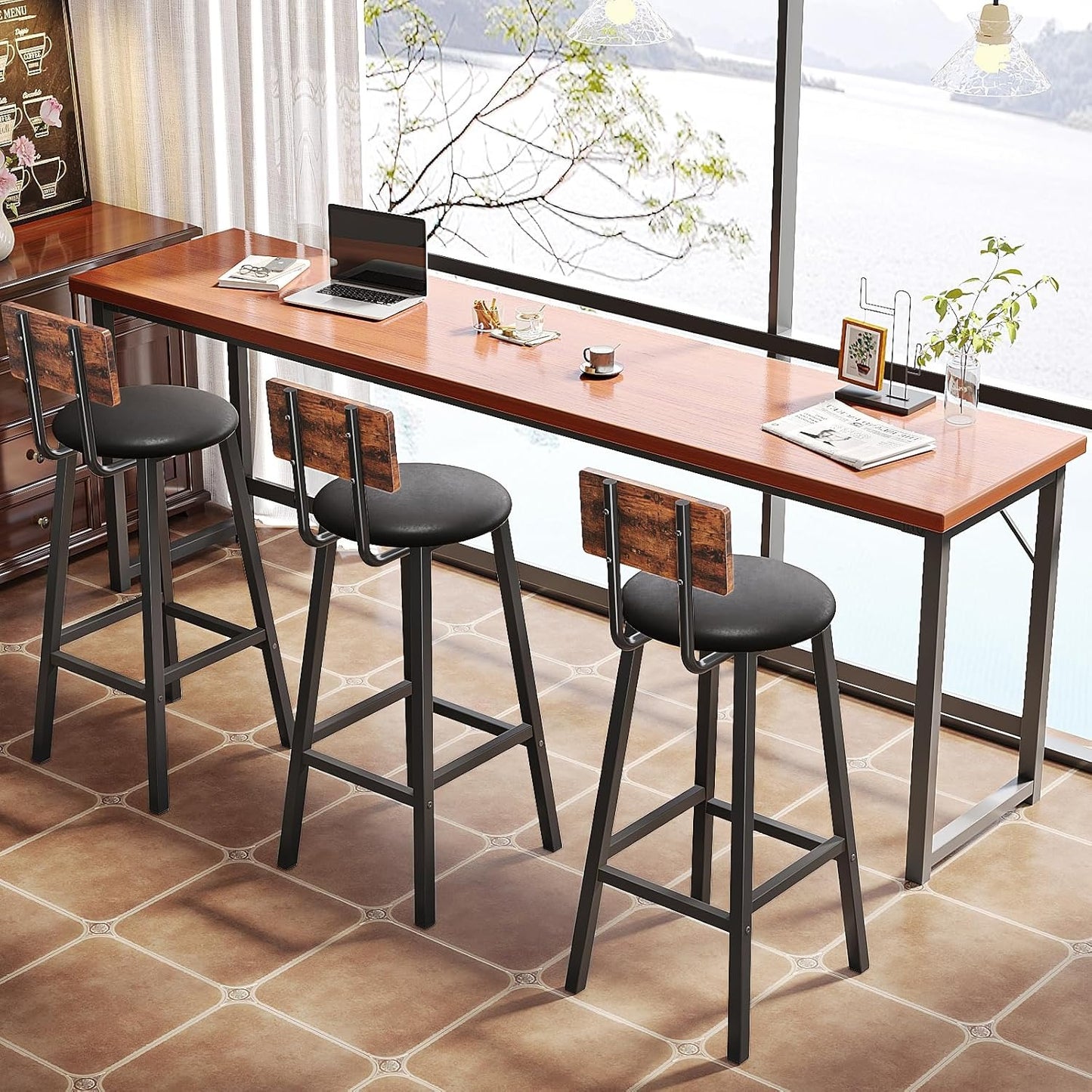 Juego de 2 Bancos para Barra Altos de 96 cm – Estilo Vintage de Madera y Hierro con Asiento de PU, Ideal para Cocina, Bar o Restaurante