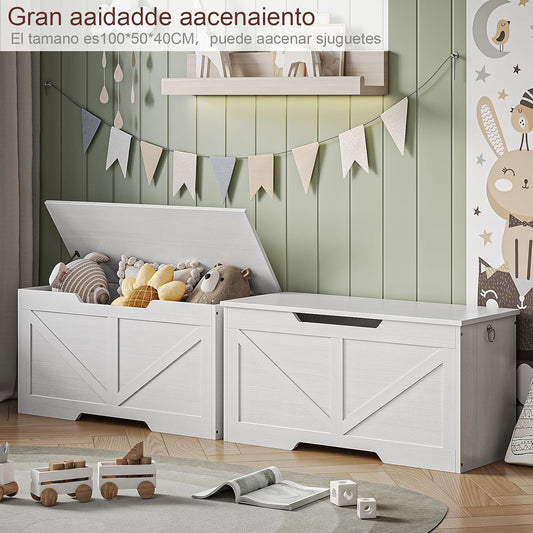 Baul De Almacenamiento,Con Bisagra De Seguridad Baul Para Juguetes,Baul Para Recamara,Adecuado Para Dormitorio y Sala De Estar,Baul De Almacenamiento Tamaño 100 * 50 * 40CM (Blanco)