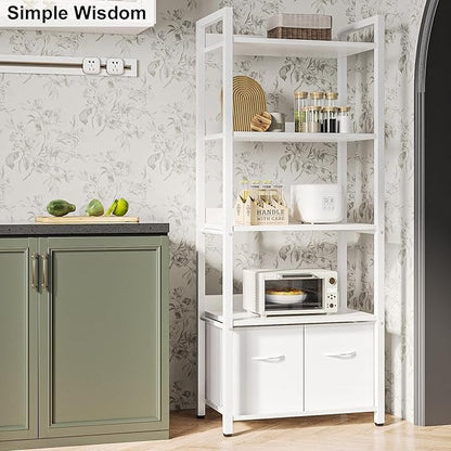 Librero Minimalista de 5 Niveles con Respaldo Semicerrado – Grande 155cm, con Cajón de Tela, Ideal para Dormitorio y Sala de Estar (Blanco)