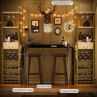Estante de Vino de 1.7 m para Piso con Cajón y Bolsillos Laterales | Rack para Botellas y Barra de Vinos Moderna