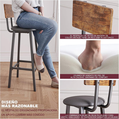 Bancos para Barra,Juego de 2 Taburetes de Bar,Bancos para Barra de Cocina de Madera de Hierro Vintage,Silla Alta de 96 CM para Bar,Cocina,Restaurante,Banco Alto con Tapizado de PU.
