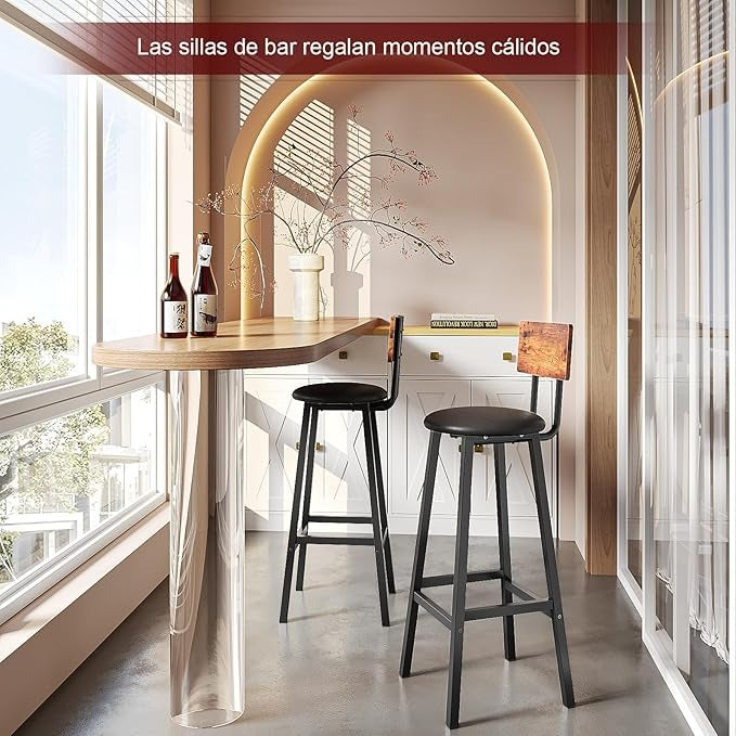 Juego de 2 Bancos para Barra Altos de 96 cm – Estilo Vintage de Madera y Hierro con Asiento de PU, Ideal para Cocina, Bar o Restaurante