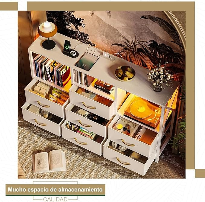 Cajonera Tocador con Luz LED y Enchufe | Mueble Organizador con 7 Cajones de Tela para Recámara Moderna