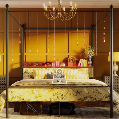 Cama Matrimonial con Mosquitera – Estructura 1.4M, Cabecero, Barra, 2 Puertos USB, Tomas de Carga y Luz LED