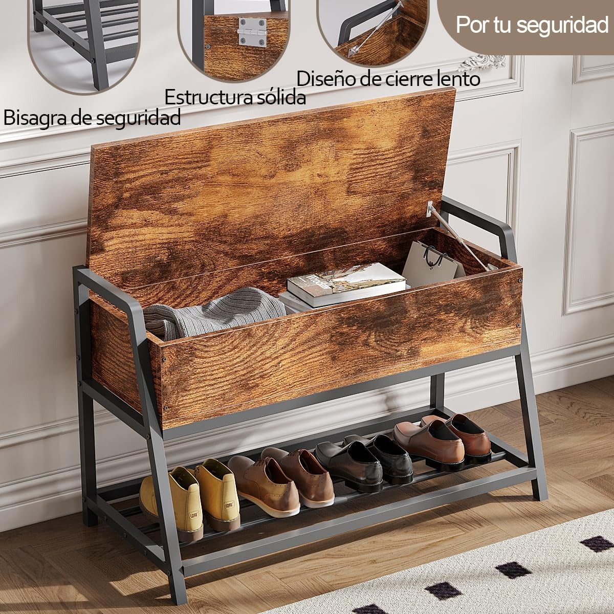 Banco de Zapatos Vintage Simple Hogar – Taburete de Entrada con Almacenamiento Abatible, Para Sala, Dormitorio o Recibidor, 90×40×61 cm
