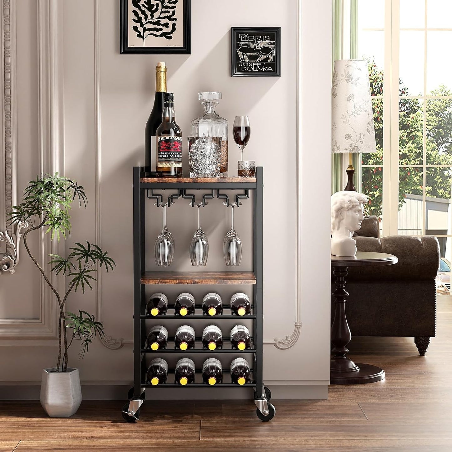 Carrito Bar de 5 Niveles con Porta Copas y Botellero para 12 Botellas – Carrito de Servicio Vintage para Hogar, Cocina o Sala de Estar