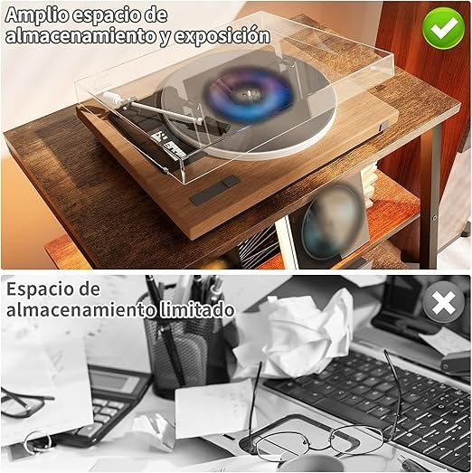 Soporte para Bocinas Vintage 4 Niveles – Estante Multimedia con Ruedas, Regleta, Luz LED y Esquinero 60×48×80 cm