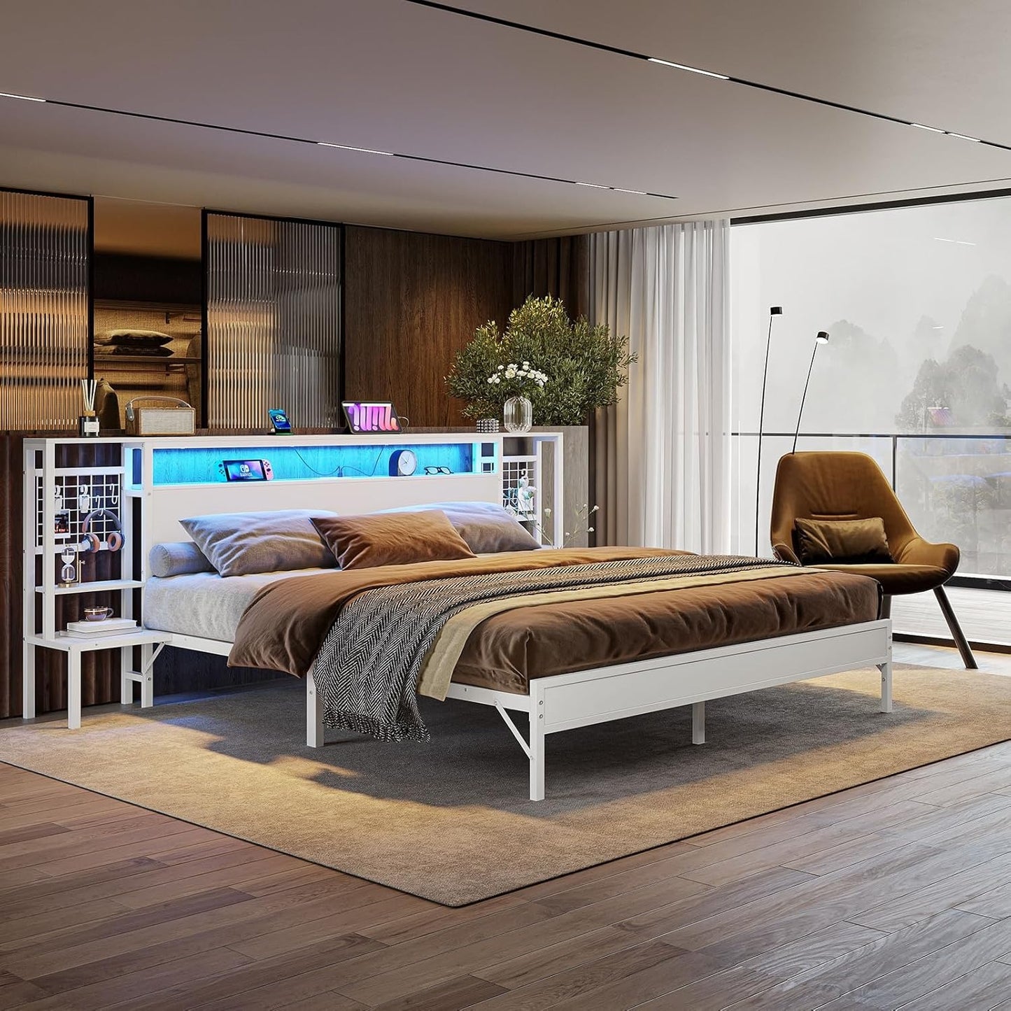 Base de Cama Matrimonial con Luz LED y Carga USB | Cabecera con Almacenaje, Metal y Madera 140x190 cm