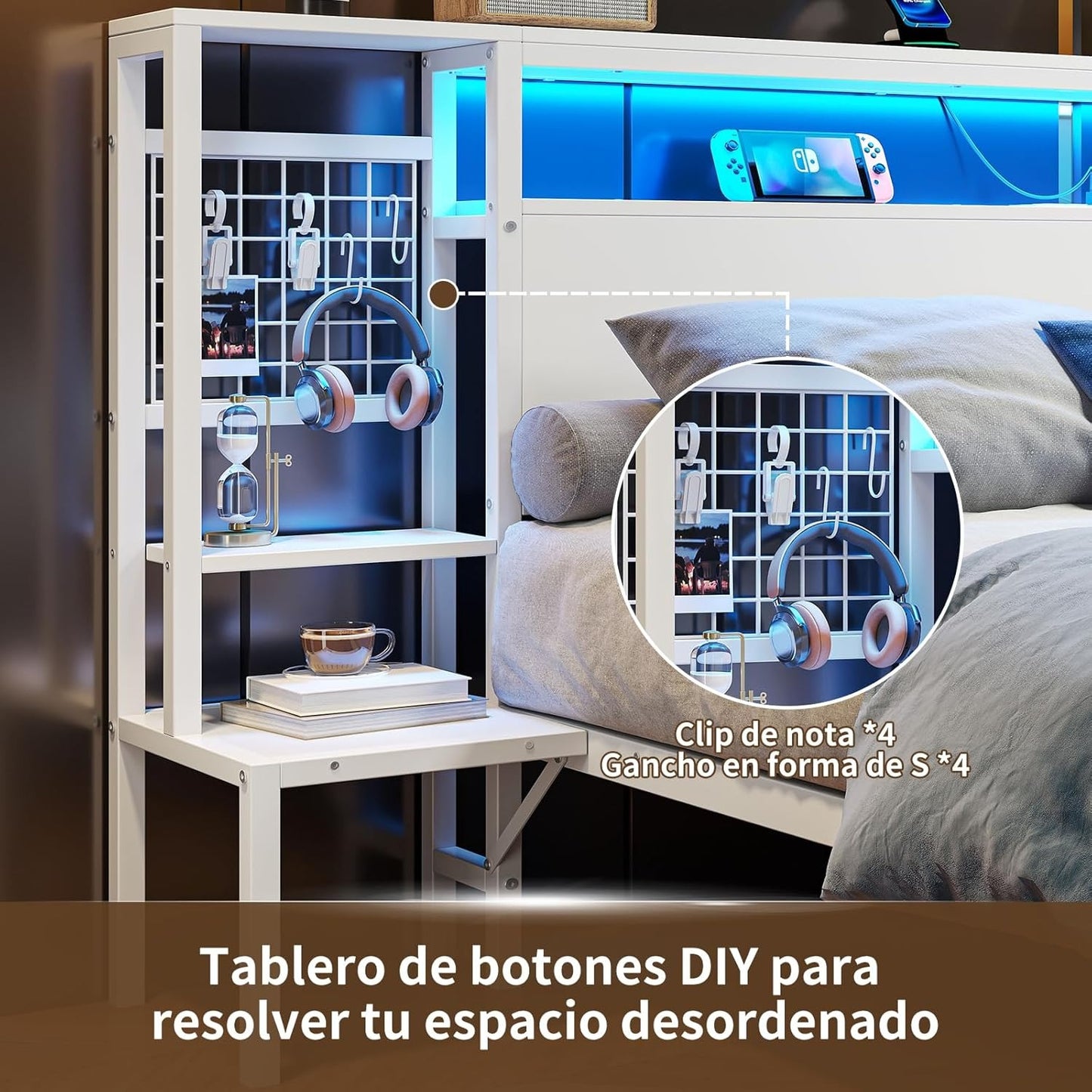 Base de Cama Matrimonial con Luz LED y Carga USB | Cabecera con Almacenaje, Metal y Madera 140x190 cm