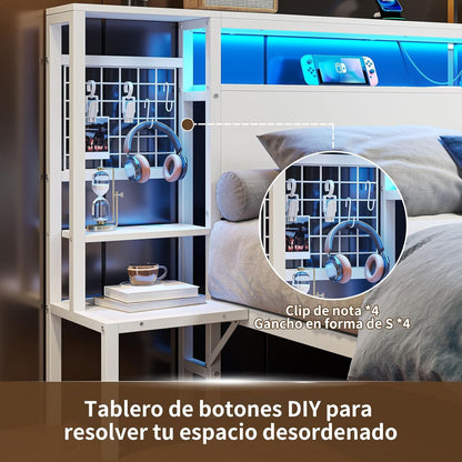 Base de Cama Matrimonial con Luz LED y Carga USB | Cabecera con Almacenaje, Metal y Madera 140x190 cm
