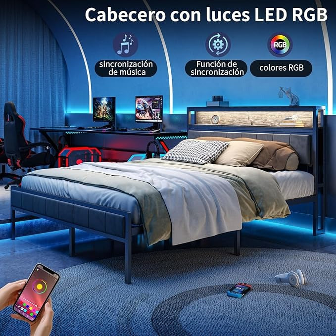 Cama Matrimonial Ajustable Okán – Cabecero con Almacenamiento, Cojines Grises, 2 Puertos USB y Luces LED
