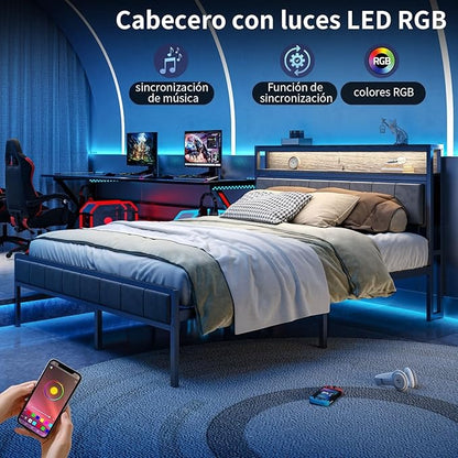 Cama Matrimonial Ajustable Okán – Cabecero con Almacenamiento, Cojines Grises, 2 Puertos USB y Luces LED