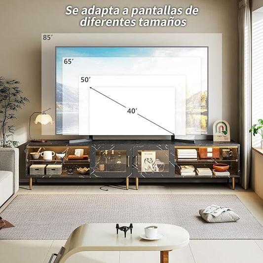 Mueble para TV Simple Wisdom 2M – Centro de Entretenimiento con Luz LED y Regleta, para Televisores de 65-85”, con 6 Espacios de Almacenamiento y Madera de Alta Gama
