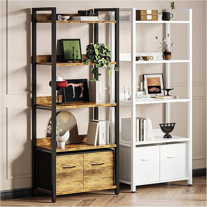 Librero Minimalista de 5 Niveles con Respaldo Semicerrado – Grande 155cm, con Cajón de Tela, Ideal para Dormitorio y Sala de Estar (Blanco)