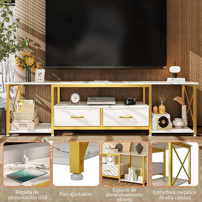 Simple Hogar Mueble TV 160CM – Blanco Mármol, con Regleta, 2 Cajones de Tela, para Televisor hasta 65 Pulgadas
