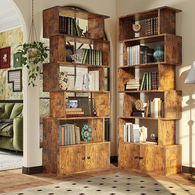 Librero Organizador en S Retro – 6 Pisos, con Puertas, para Sala, Estudio y Dormitorio (180x60x24 cm)