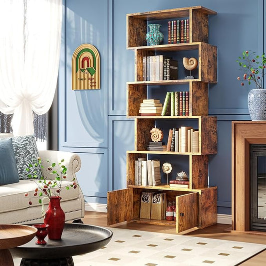 Librero Organizador en S Retro – 6 Pisos, con Puertas, para Sala, Estudio y Dormitorio (180x60x24 cm)