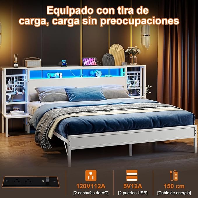 Base de Cama Matrimonial con Luz LED y Carga USB | Cabecera con Almacenaje, Metal y Madera 140x190 cm