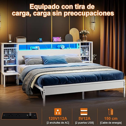 Base de Cama Matrimonial con Luz LED y Carga USB | Cabecera con Almacenaje, Metal y Madera 140x190 cm
