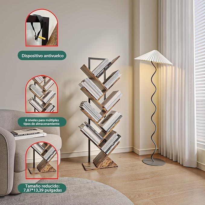Librero Árbol Minimalista de 8 Niveles – Estrecho, Multicapa, Ocupa Menos de 0.1 m², Ideal para Hogar y Oficina