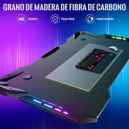 Escritorio Gamer, Escritorio para Computadora, Escritorios de Fibra con Control Remoto Eléctrico Lámpara RGB/Portavasos/Gancho para Auriculares/Hebilla de Gestión de Cables. (100CM*60CM)