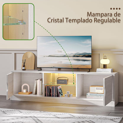 Mueble para TV, 120 CM TV Grande, con Vidrio Templado Luz LED Centro de Entretenimiento para TV, Mesa para TV de Madera de Alta Gama, Apto para Salón y Dormitorio