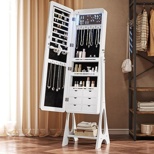 Espejo Joyero con Luces LED y Llave | Espejo Organizador de Pie y de Puerta con Almacenamiento para Joyería – 155×42×36 cm