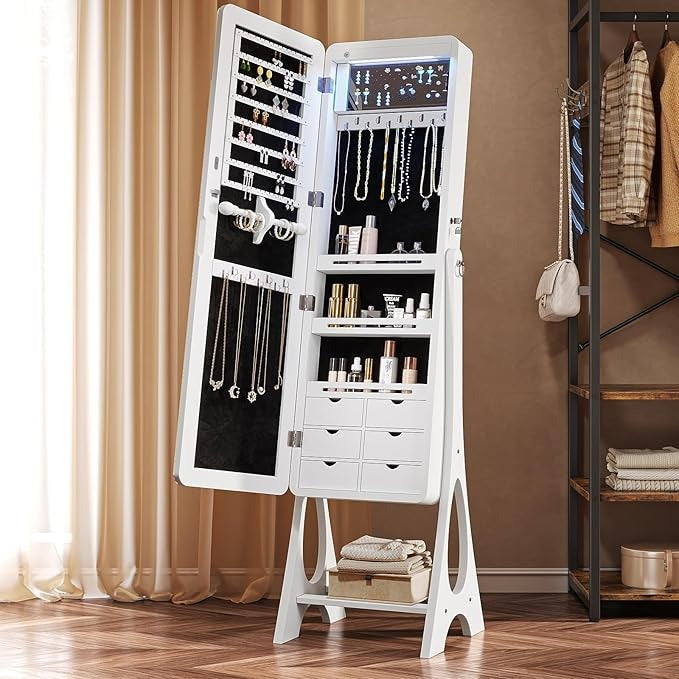 Espejo Joyero con Luces LED y Llave | Espejo Organizador de Pie y de Puerta con Almacenamiento para Joyería – 155×42×36 cm