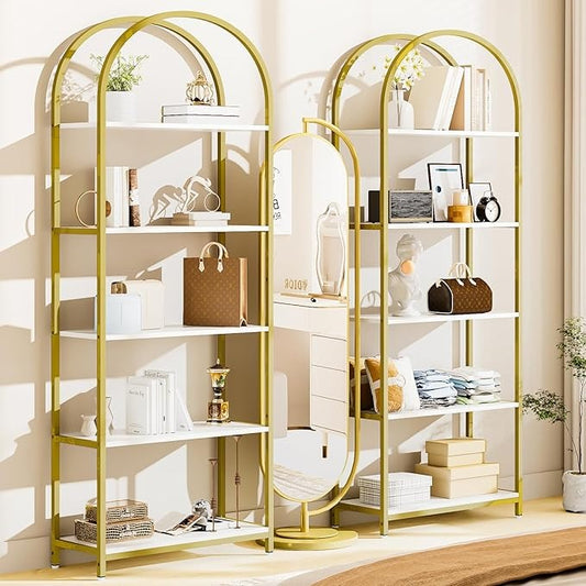 Librería Moderna de 5 Niveles con Arco Abierto – Minimalista, Ideal para Dormitorio, Sala o Oficina (Blanco Dorado)