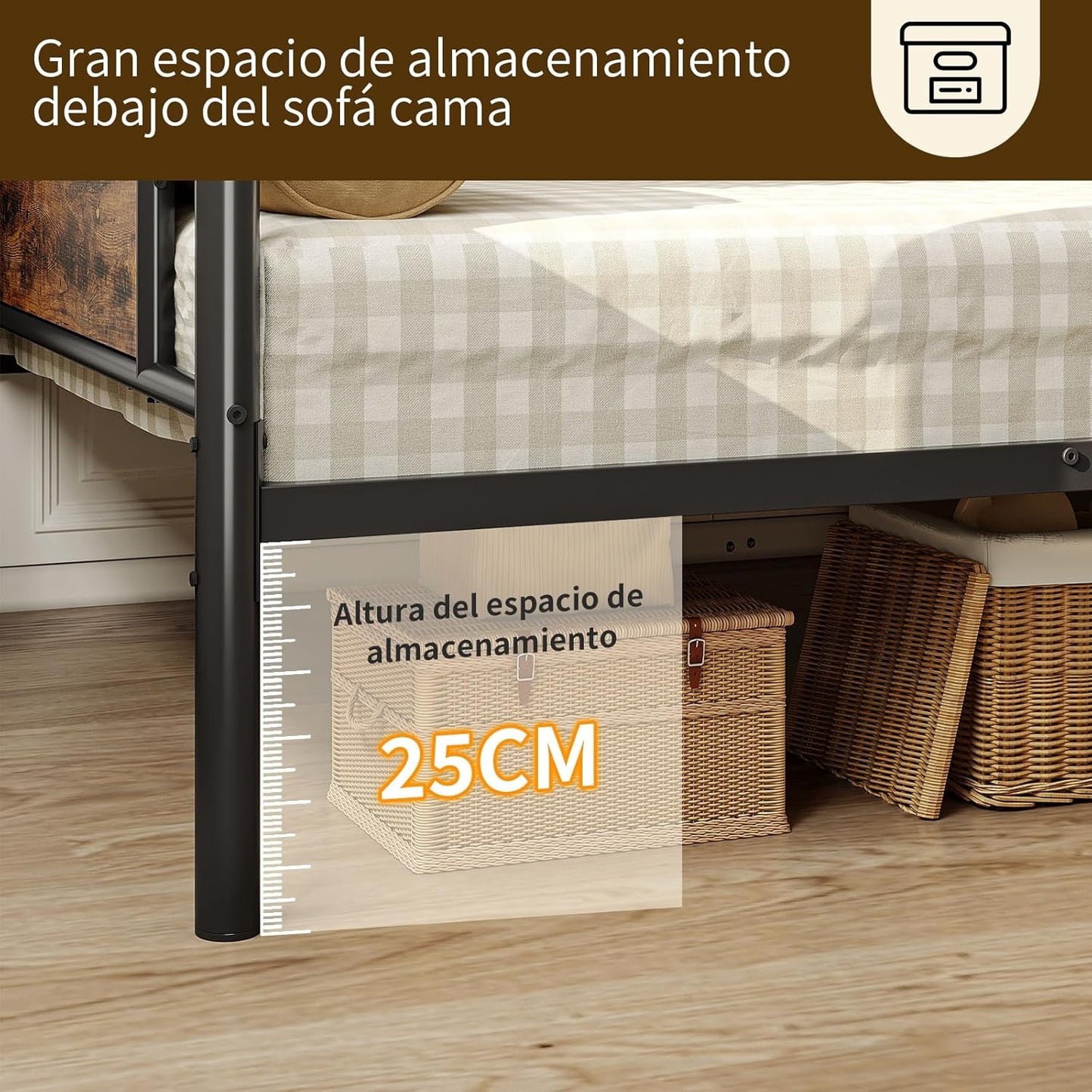 Sofá Cama Individual 100x190 cm – Base de Hierro y Madera, Estructura Resistente para Sala o Dormitorio