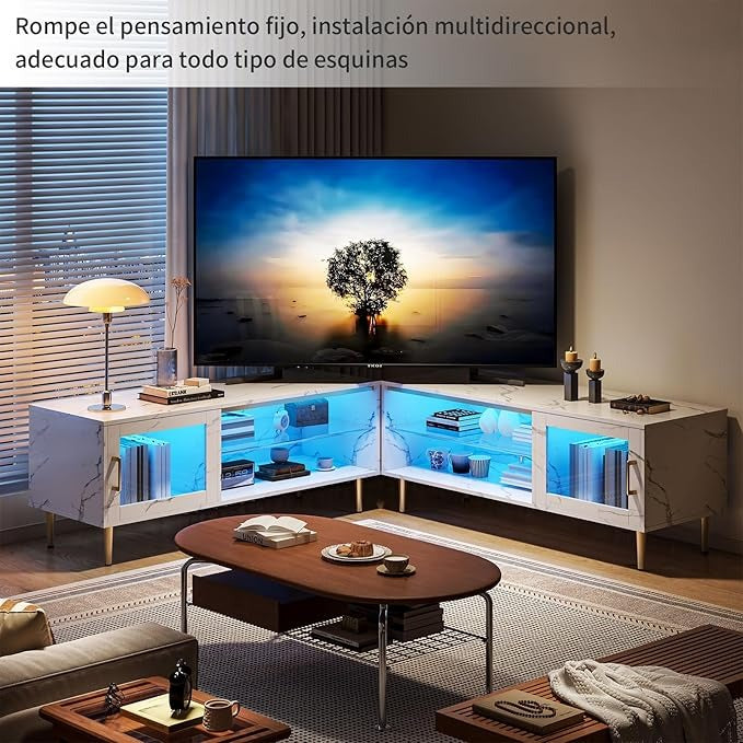Mueble para TV Simple Wisdom 2M – Centro de Entretenimiento con Luz LED y Regleta, para Televisores de 65-85”, con 6 Espacios de Almacenamiento y Madera de Alta Gama