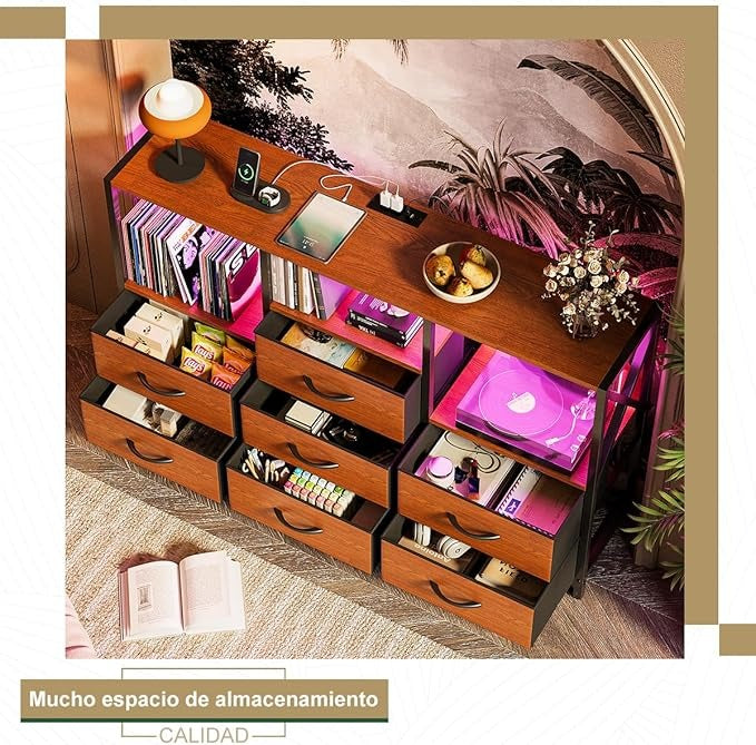 Cajonera Tocador con Luz LED y Enchufe | Mueble Organizador con 7 Cajones de Tela para Recámara Moderna