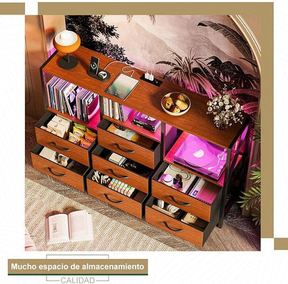Cajonera Tocador con Luz LED y Enchufe | Mueble Organizador con 7 Cajones de Tela para Recámara Moderna