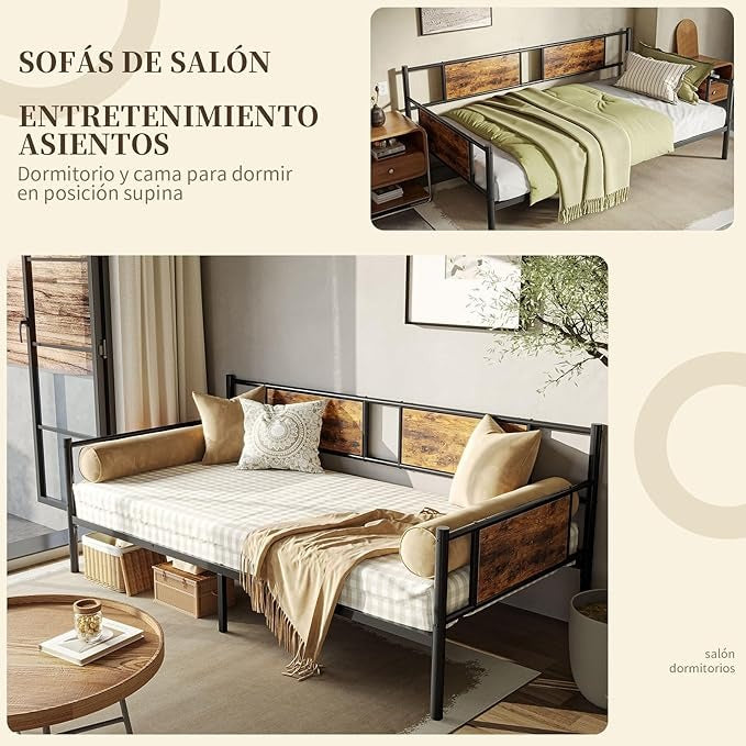 Sofá Cama Individual 100x190 cm – Base de Hierro y Madera, Estructura Resistente para Sala o Dormitorio