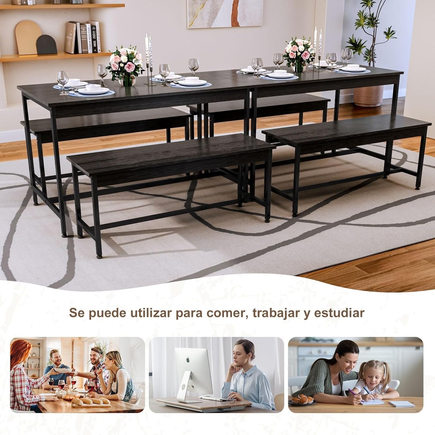 Juego de Comedor 4 Personas con Mesa 110x60 cm y 4 Sillas | Ideal para Espacios Pequeños, Fácil de Limpiar y Montar
