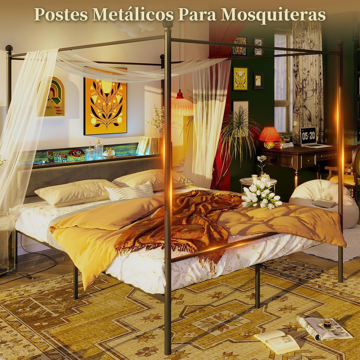 Cama Matrimonial con Mosquitera – Estructura 1.4M, Cabecero, Barra, 2 Puertos USB, Tomas de Carga y Luz LED