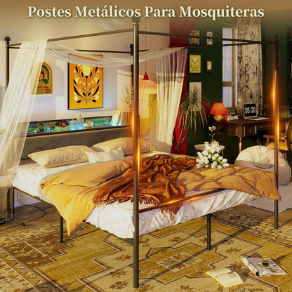 Cama Matrimonial con Mosquitera – Estructura 1.4M, Cabecero, Barra, 2 Puertos USB, Tomas de Carga y Luz LED