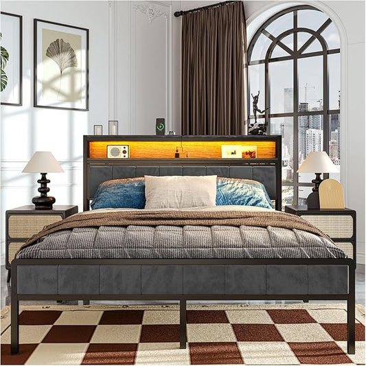 Cama Matrimonial Ajustable Okán – Cabecero con Almacenamiento, Cojines Grises, 2 Puertos USB y Luces LED