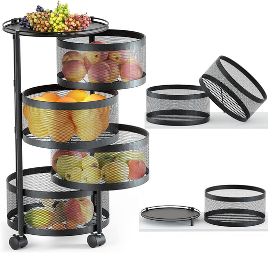 Estantería Giratoria para Cocina, 4 Niveles para Frutas y Verduras, Carrito de Almacenamiento Giratorio con Ruedas, Organizador de Cocina, Ahorra Espacio, Canasta para Papas y Frutas, Negro