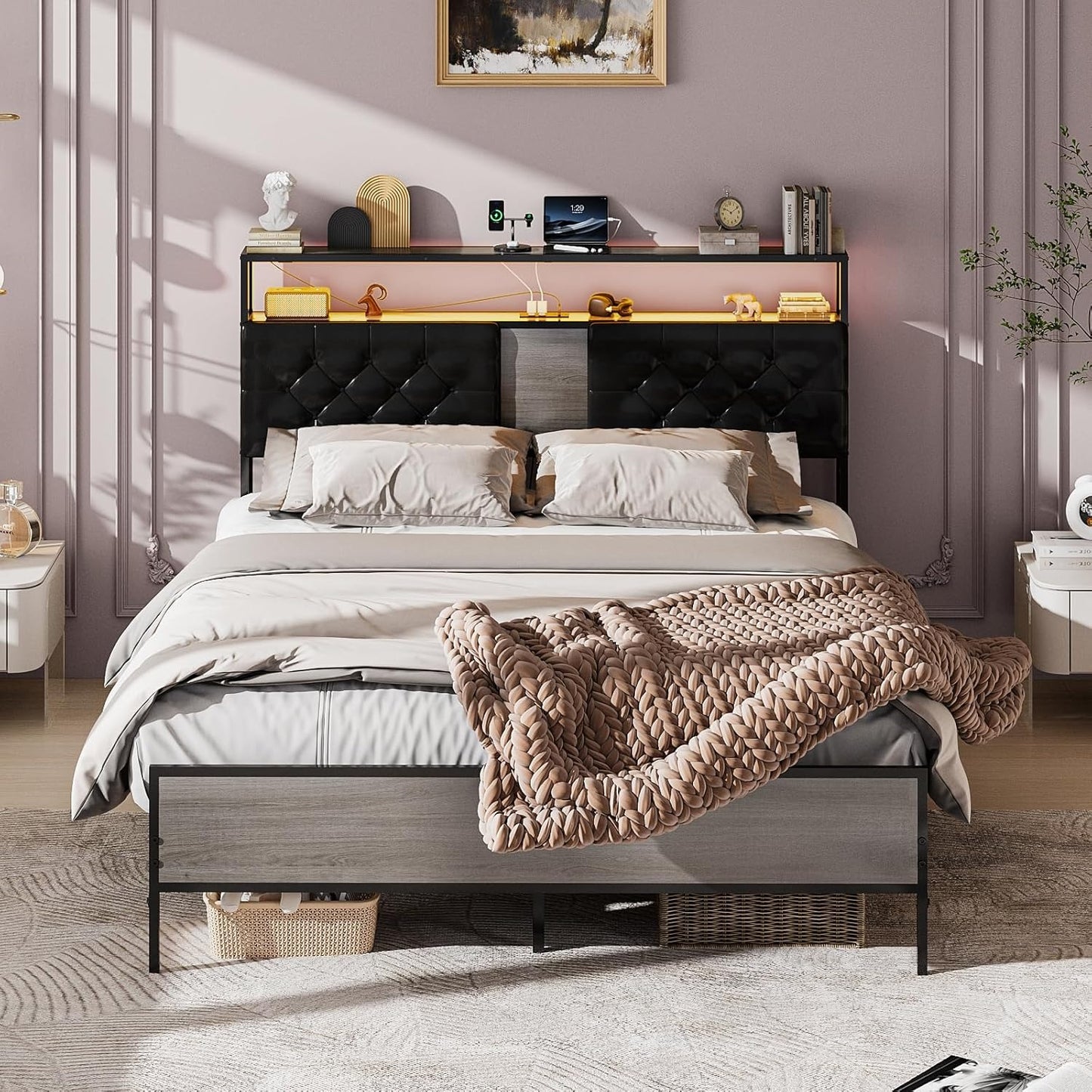 Base de Cama Matrimonial 1.4m con Cabecero Tapizado, Luces LED, 2 Salidas AC y 2 Puertos USB – Almacenamiento Incluido