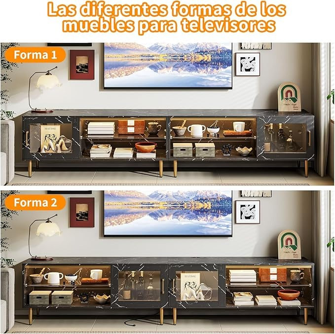 Mueble para TV Simple Wisdom 2M – Centro de Entretenimiento con Luz LED y Regleta, para Televisores de 65-85”, con 6 Espacios de Almacenamiento y Madera de Alta Gama