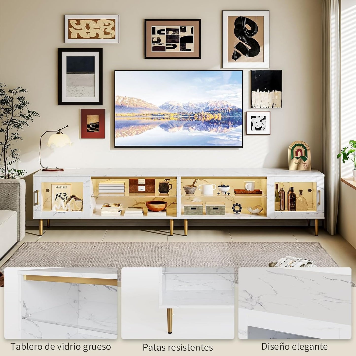 Mueble para TV Simple Wisdom 2M – Centro de Entretenimiento con Luz LED y Regleta, para Televisores de 65-85”, con 6 Espacios de Almacenamiento y Madera de Alta Gama