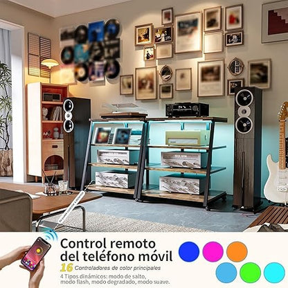 Soporte para Bocinas Vintage 4 Niveles – Estante Multimedia con Ruedas, Regleta, Luz LED y Esquinero 60×48×80 cm