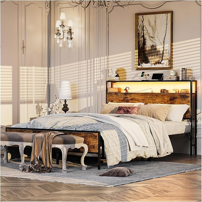 Cama Matrimonial con Cabecero de Almacenamiento, Base de 1.4 m con Luces LED, Contactos de Carga y Puertos USB – Blanco Moderno