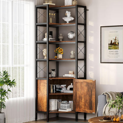 Librero Esquinero de 5 Niveles con Puerta | Mueble Organizador de Almacenaje 200cm | Estilo Minimalista para Hogar u Oficina