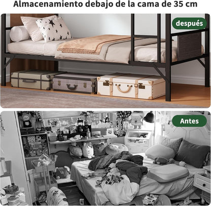 Litera Individual y Matrimonial de Hierro y Madera | Fuerte, Estable y Segura con Barandillas y Escalera – Ideal para Adultos y Hogar