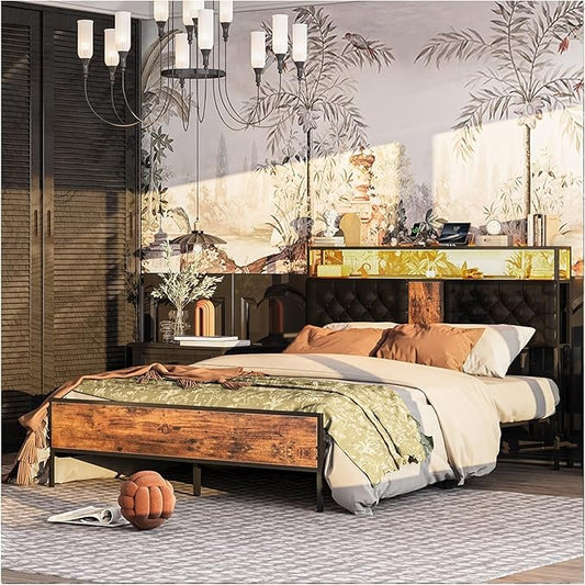 Base de Cama Matrimonial 1.4m con Cabecero Tapizado, Luces LED, 2 Salidas AC y 2 Puertos USB – Almacenamiento Incluido