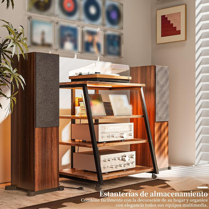 Soporte para Bocinas Vintage 4 Niveles – Estante Multimedia con Ruedas, Regleta, Luz LED y Esquinero 60×48×80 cm